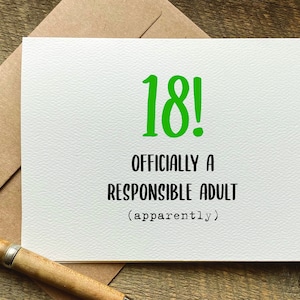 18th birthday gift / officially a responsible adult / funny birthday card / turning 18 / 18th birthday card