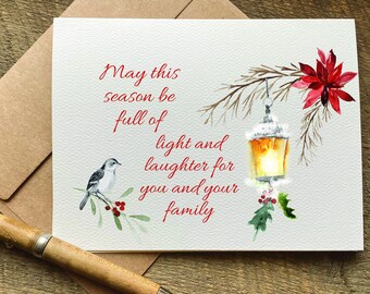 pretty christmas card / may this season be full of light and laughter / watercolor bird / christmas card pack / nature lover / card set