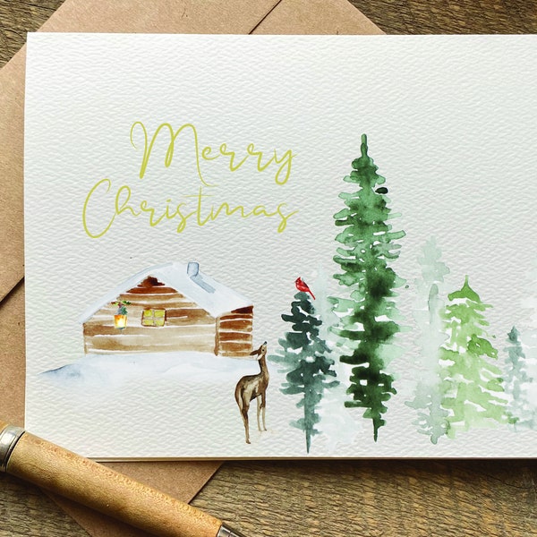 pretty christmas card / merry christmas scene / cabin in the woods / christmas card pack / nature lover / cabin christmas / card set