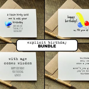 May include: Set of four funny birthday cards with different designs. The cards feature phrases like "a little birdy told me it was your birthday" and "with age comes wisdom".