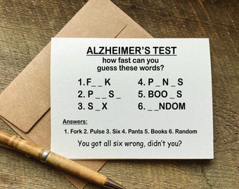 funny birthday card / alzheimer's test / adult greeting card / for her / for him / rude cards / just because card / friend birthday / mature