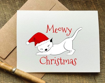 cat christmas card / meowy christmas / pun christmas card / christmas gift basket / cute holiday card / cat lover card / for her / for child