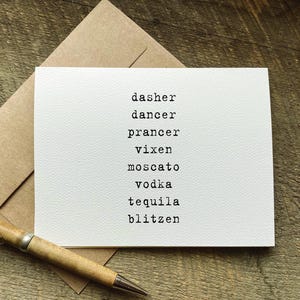 funny christmas card / dasher dancer vodka blitzen / holiday party invite / invitation / humorous secret santa gift