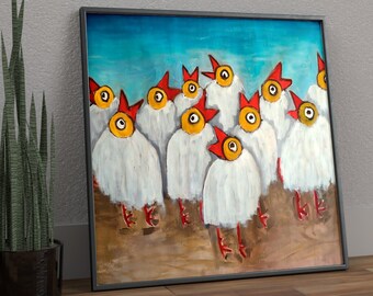 White Hens: Contemporary Dining Room Art in Decorative and Colorful Painting. Original, framed and modern for your apartment.