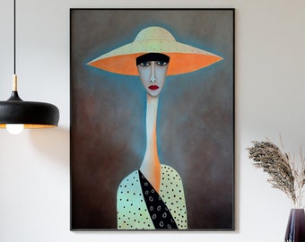 Portrait of Woman with Yellow Hat: Modern and Stylish Wall Art. Framed Artistic Painting for Apartment Decoration.