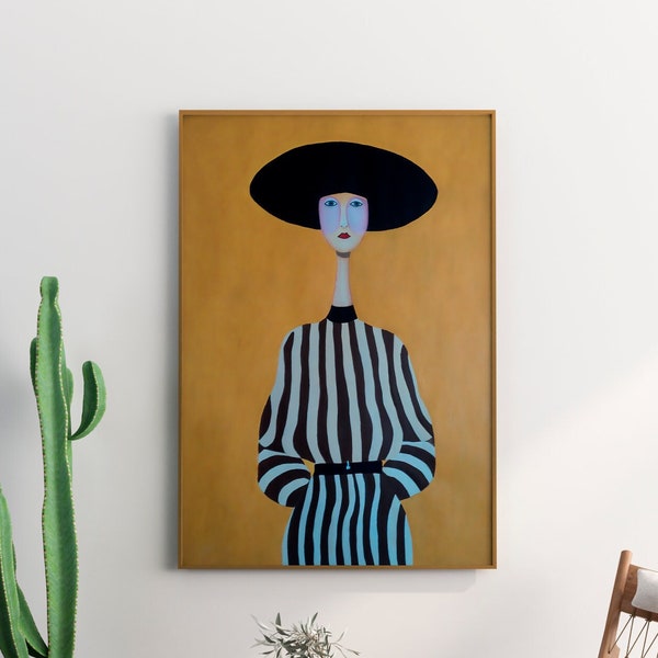 Retrato de Mujer con Sombrero Negro: Arte Contemporáneo para Decorar tu Apartamento. Cuadro Artístico en Óleo, Original y Minimalista.