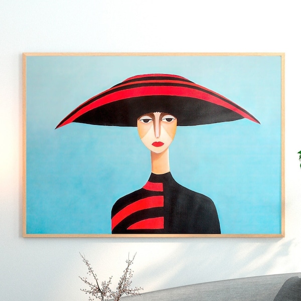 Reproduction artistique encadrée : Portrait de femme avec chapeau rouge, art contemporain pour salle à manger et décoration d'appartement.