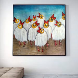 White Chickens Painting – Modern Colorful Chicken Wall Art on Canvas for Quirky Bold Decor