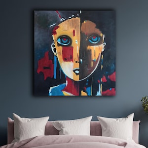 Expressionist Emotional Portrait – Duality Painting with Split Face and Symbolic Identity