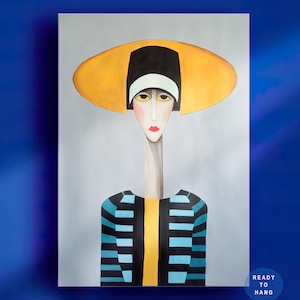 Pintura a rayas – retrato abstracto de mujer de cuello largo inspirado en Modigliani con rostro expresivo