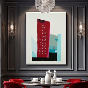 Modern Urban Art with Minimalist Building – Abstract Cityscape with Color Block Style
