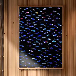 Blue fish art in motion, a hypnotic underwater painting ideal for vibrant beach house art settings