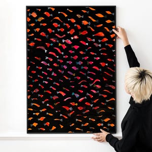 Arte de peces rojos, pintura abstracta ideal para decoración costera con estilo vibrante
