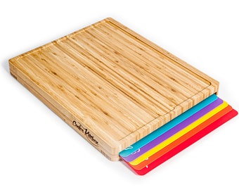 Easy-to-Clean Bamboo Wood Cutting Board with set of 6 Color-Coded Flexible Cutting Mats with Food Icons - Chopping Board Set