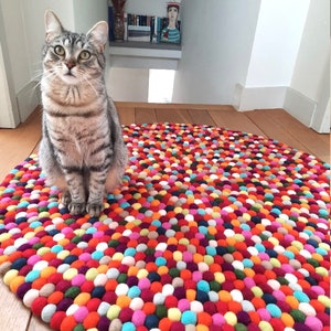 May include: A gray tabby cat sits on a colorful round rug made of felt balls. The rug is a mix of bright colors, including red, orange, yellow, green, blue, purple, and pink.