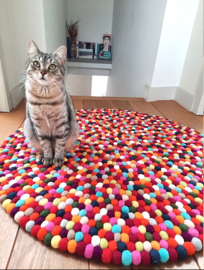 May include: A gray tabby cat sits on a colorful round rug made of felt balls. The rug is a mix of bright colors, including red, orange, yellow, green, blue, purple, and pink.
