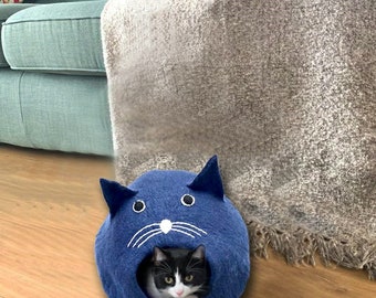 Blue Wool Cat Cave Bed: Handmade Felt Pet House