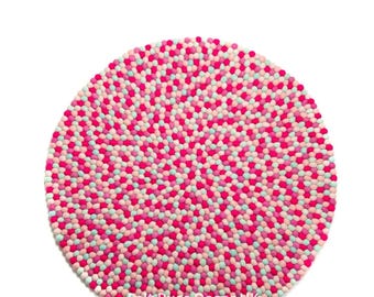 Pink Multicolour Felt Ball Rug, 40cm Wool Carpet