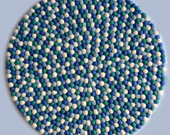 Blue Felt Ball Rug, 40cm Wool Carpet, Handmade Nursery Decor