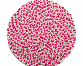 Pink Multicolour Felt Ball Rug, 40cm Wool Carpet