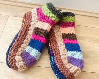 Christmas gifts-Fair-trade Socks, Wool socks, Handmade Socks, Hand knitted, Rainbow, Bright, Sofa sock, Bed sock, Warm Wool, Fleece lining