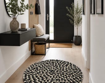 Natural Brown Tone Felt Ball Rug: 100% Wool, Handmade