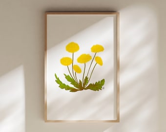 May include: A framed print of a botanical illustration featuring a cluster of yellow dandelion flowers with green stems and leaves.
