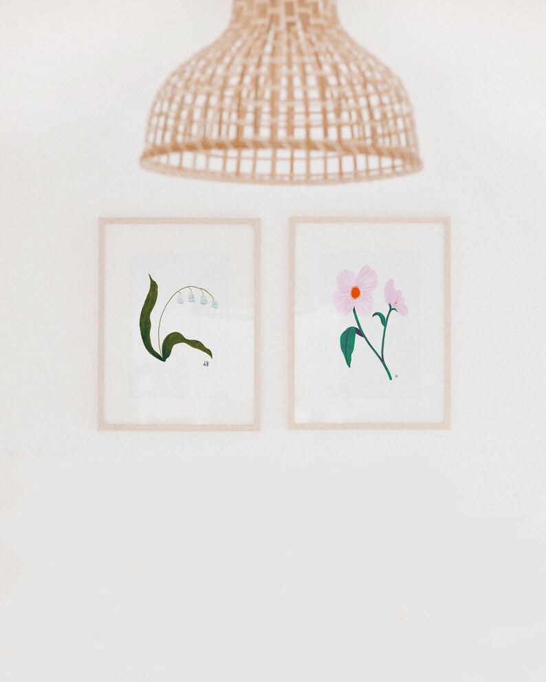 May include: Two framed botanical prints, one with a white flower and the other with a green plant. The prints are hung on a white wall.