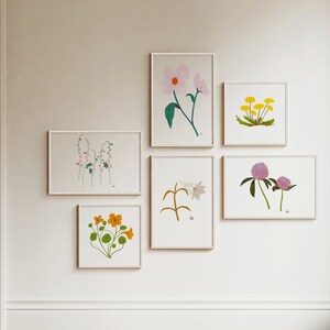 May include: A gallery wall with six framed botanical prints featuring various flowers and plants. The prints are in white frames and are arranged in a symmetrical pattern on a white wall.