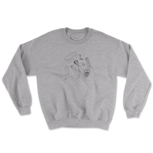 May include: A grey sweatshirt featuring a black and white illustration of a person holding a broom, standing in front of a building with a cloud above them.