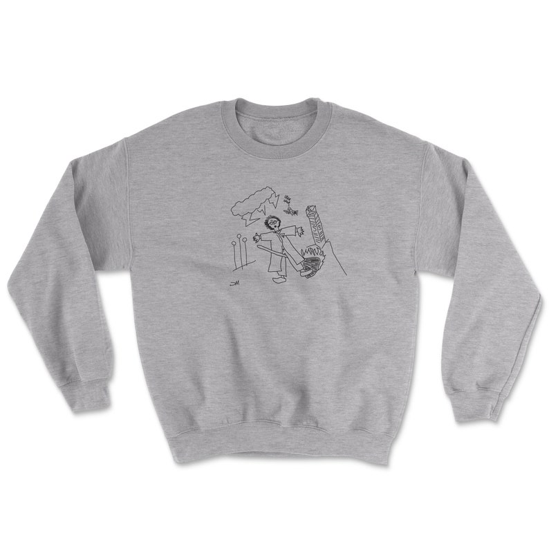 May include: A grey sweatshirt featuring a black and white illustration of a person holding a broom, standing in front of a building with a cloud above them.