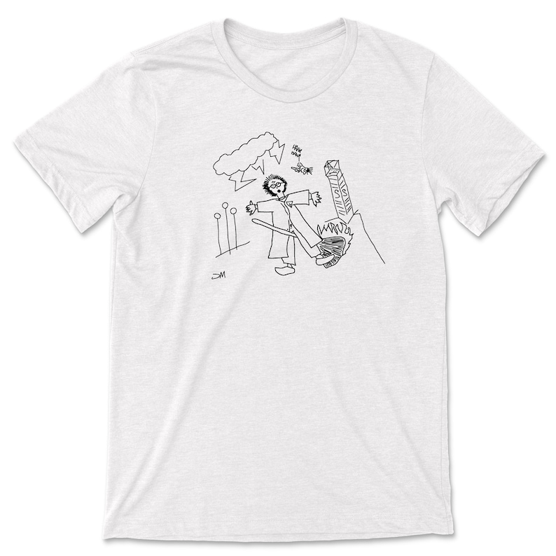 May include: A black and white line drawing of a person with outstretched arms standing in front of a tall, thin object. The person is wearing a long robe and has a stick in their hand. There are three small circles in the background, and a cloud with lightning bolts above the person's head. The drawing is on a white t-shirt.