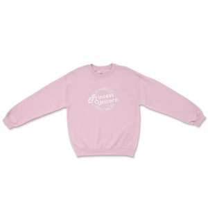 May include: A light pink sweatshirt with a white circular graphic that says "My horn can pierce the sky" and "Princess Unicorn".
