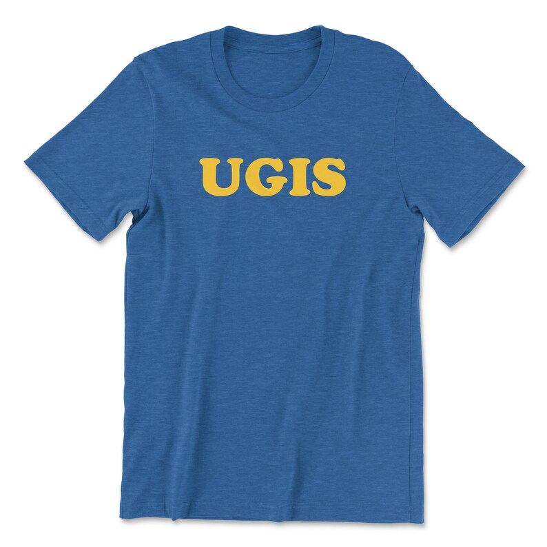 May include: A blue t-shirt with the word "UGIS" printed in yellow letters.