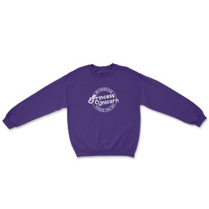 May include: Purple sweatshirt with a white circle graphic that says "My horn can pierce the sky" and "Princess Unicorn" in a retro font.