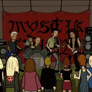 May include: A cartoon illustration of a band performing on stage with a red banner behind them that says "Mystik" in a gothic font. The band members are playing guitars and drums. There are people in the audience watching the performance.