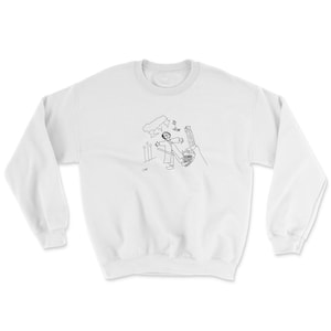 May include: White sweatshirt featuring a black and white illustration of a person with outstretched arms standing in front of a building. The illustration is a simple line drawing.