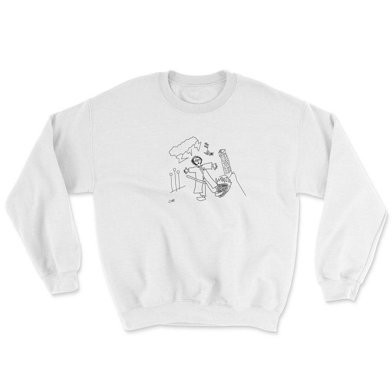 May include: White sweatshirt featuring a black and white illustration of a person with outstretched arms standing in front of a building. The illustration is a simple line drawing.
