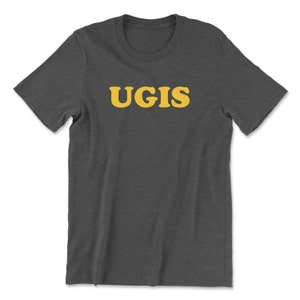 May include: A dark heather grey t-shirt with the word "UGIS" printed in yellow.