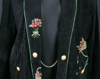 Giorgio Mobiani Suede Leather Blazer: Floral Embroidered Patchwork, Size L