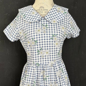 Peut inclure: Une robe en vichy bleu et blanc avec un imprimé de marguerites blanches et un col blanc à revers.