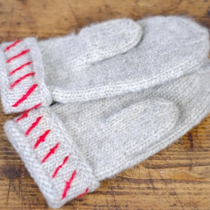 Vintage Lovikka MITTENS gloves Saami Lapland kid wool grey red embroidered brushed Sweden Nordic Scandinavian Christmas handmade warm L