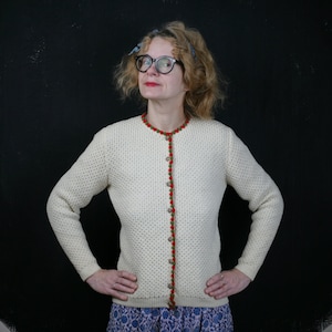 Austrian Dirndl CARDIGAN rare knitted unique posh peasant cottagecore German Trachten Octoberfest white red green wool folk boho romantic M