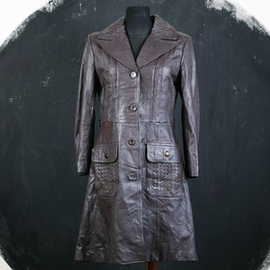 80s leather COAT brown woven boho style rare elegant oldschool fashion style winter classic bohemian pockets stylish ladylike fashionable M