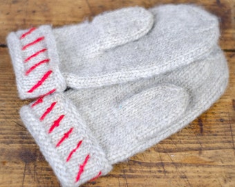 Vintage Lovikka MITTENS gloves Saami Lapland kid wool grey red embroidered brushed Sweden Nordic Scandinavian Christmas handmade warm L