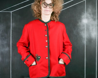 90s Red Heart Dirndl Blazer | Wool Patchwork Trachten Jacket | XL