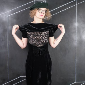 80s Mariella Burani Italy DRESS little black velvet sequin design fashion warm romantic bow silk Italian designer wedding party exclusive S