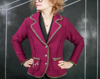 Tricoté Dirndl BLAZER cardigan NWOT violet vert crochet patch champignon coeur charme Loden autrichien allemand Oktoberfest autrichien M