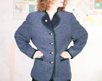 90s C&A dirndl BLAZER cardigan jaeger Alpen Allemagne historique Oktoberfest bleu Sixth Sense gris élégant vert poches L