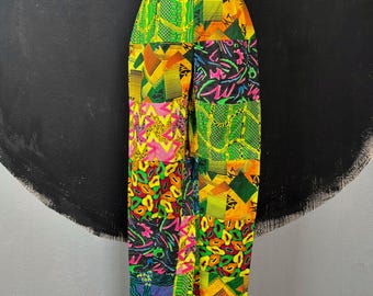 Pantalones de algodón con patchwork psicodélico de los 90: verde neón y rosa, talla S